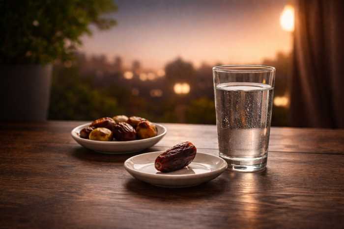 image for article showing a table, dates in a white plate and a glass of water by the side. used for the article, common health mistakes during religious fasting